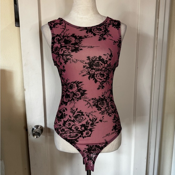 Mesh Bodysuit Rose Floral Sleeveless See Through Feminine Whimsical Backless - Picture 6 of 9
